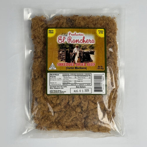 Package of El Ranchero Carne Machaca shredded beef jerky, 3oz bag.