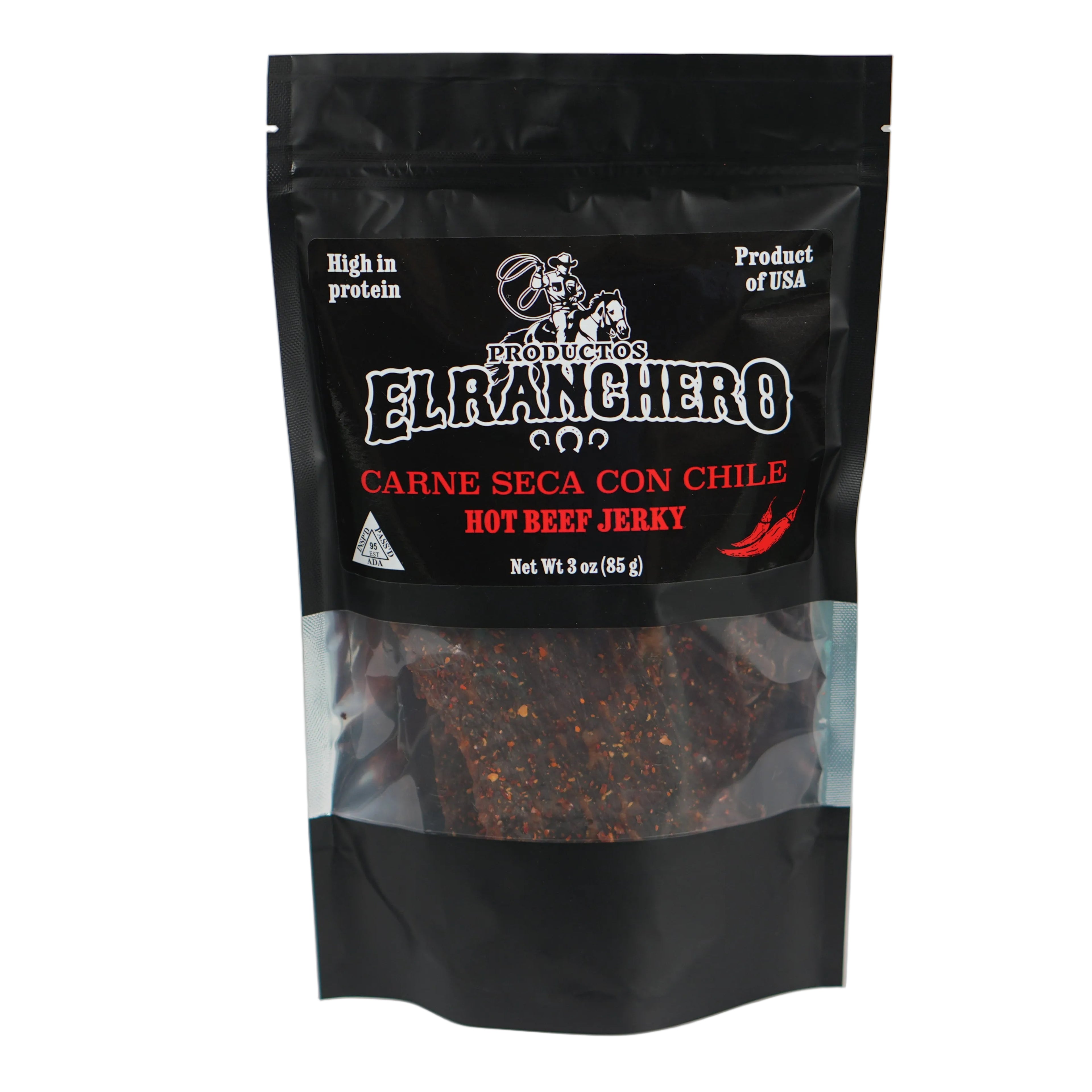 Package of El Ranchero Carne Seca  Con Chile beef jerky.