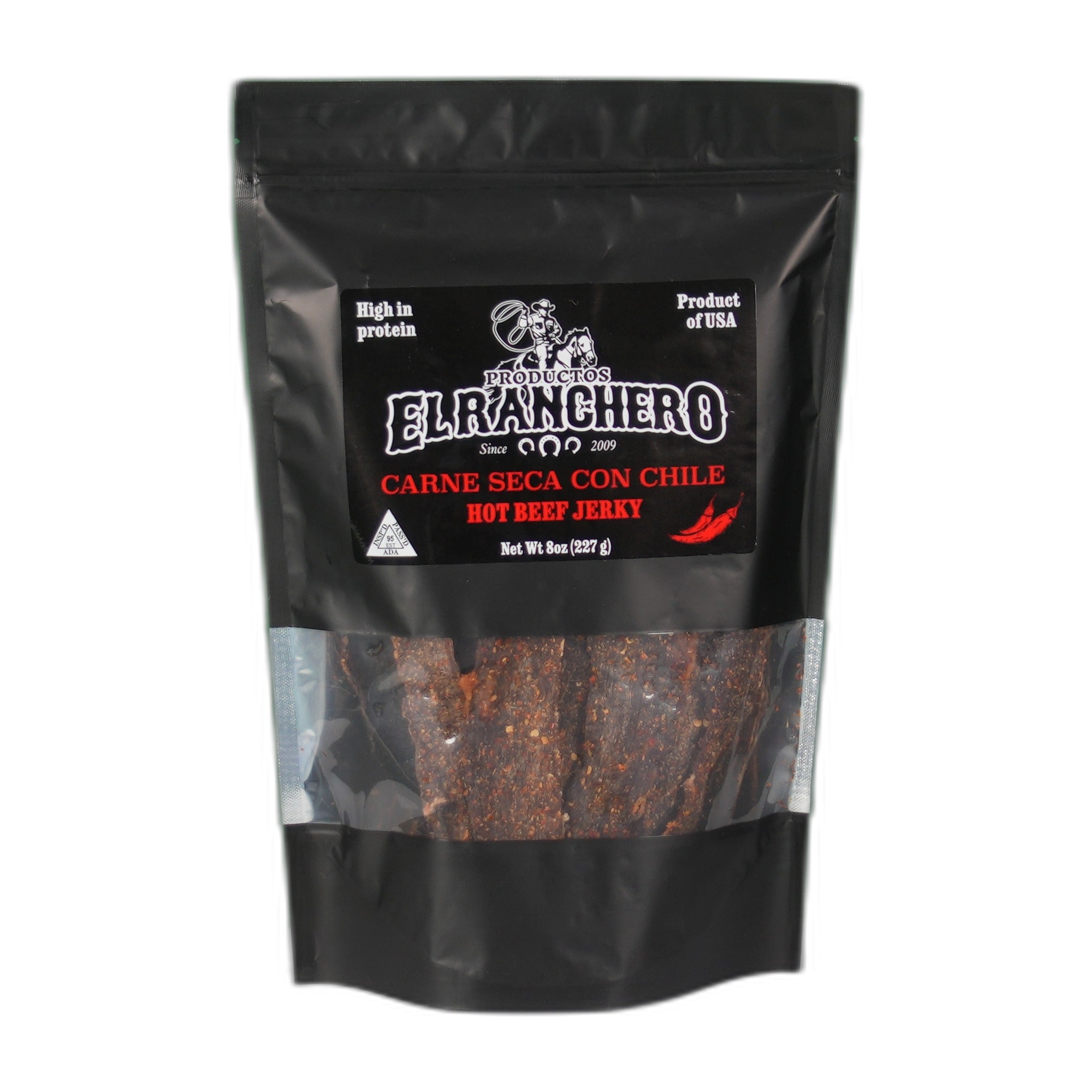 Package of El Ranchero Carne Seca con Chile beef jerky, 8oz bag.