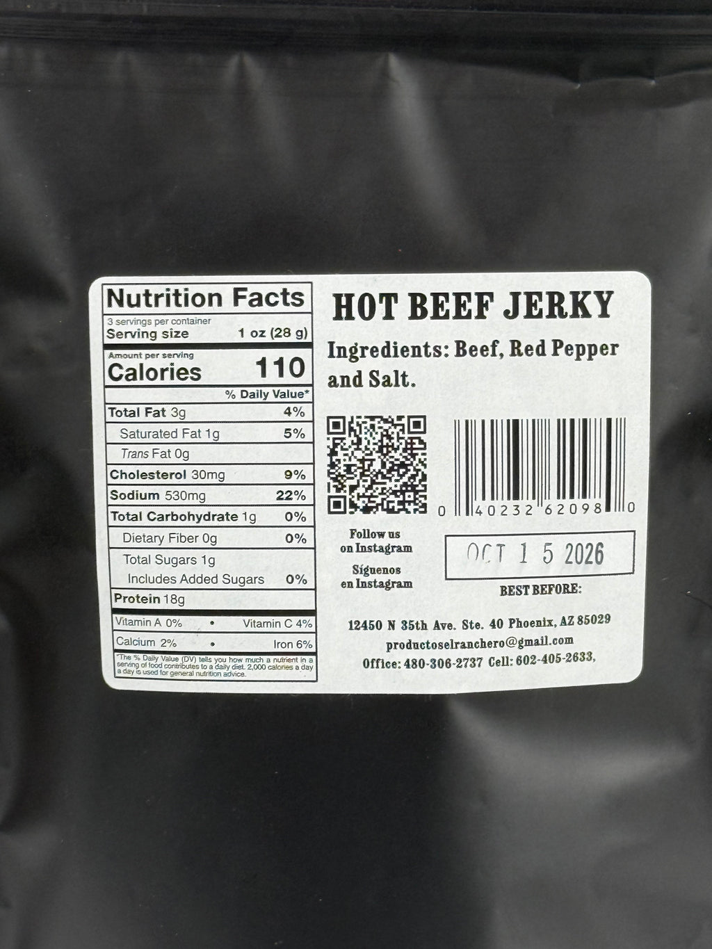 El Ranchero Carne Seca Con Chile nutrition facts label.