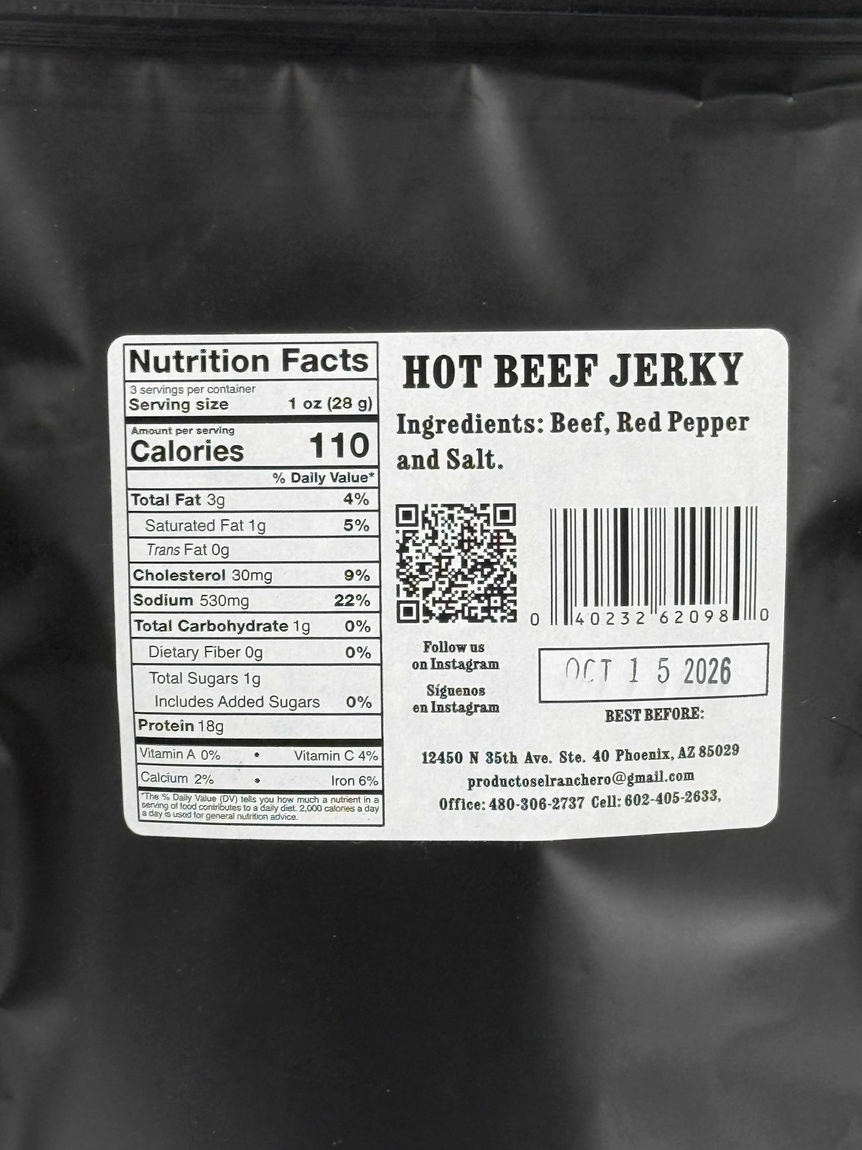 El Ranchero Carne Seca Con Chile nutrition facts label.