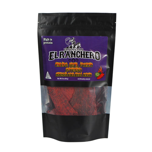 Package of El Ranchero Carne Seca  Fuego beef jerky.