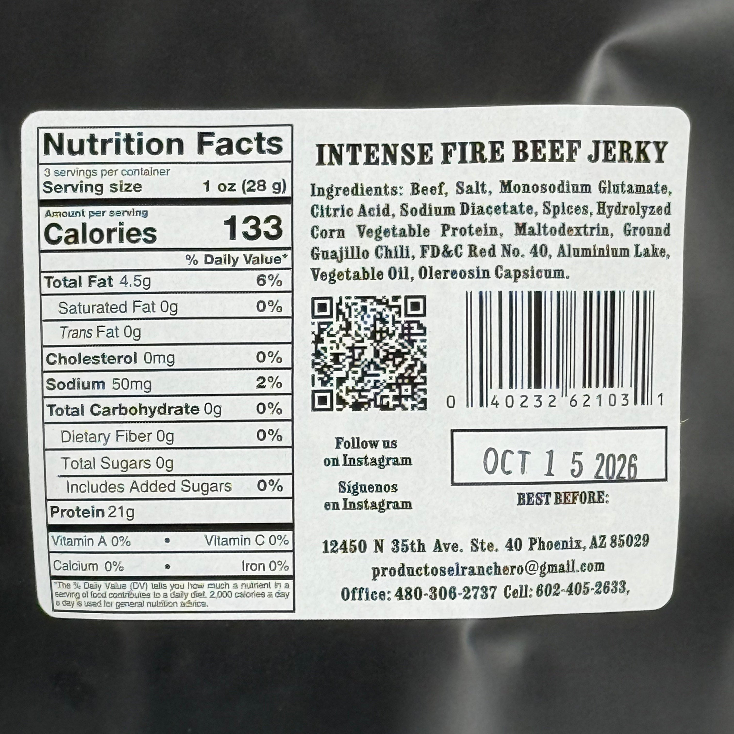 El Ranchero Carne Seca Fuego Intenso (Intense Fire Beef Jerky) nutrition facts label.