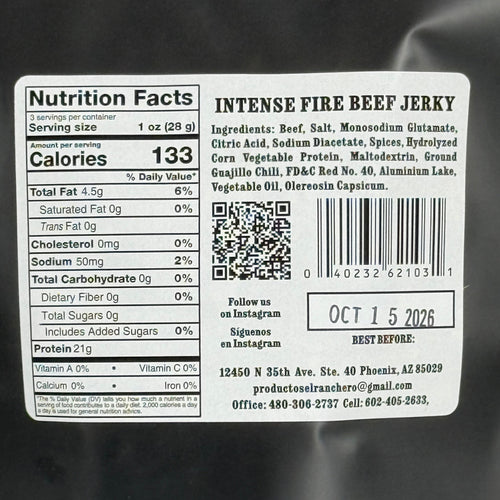 El Ranchero Carne Seca Fuego Intenso (Intense Fire Beef Jerky) nutrition facts label.