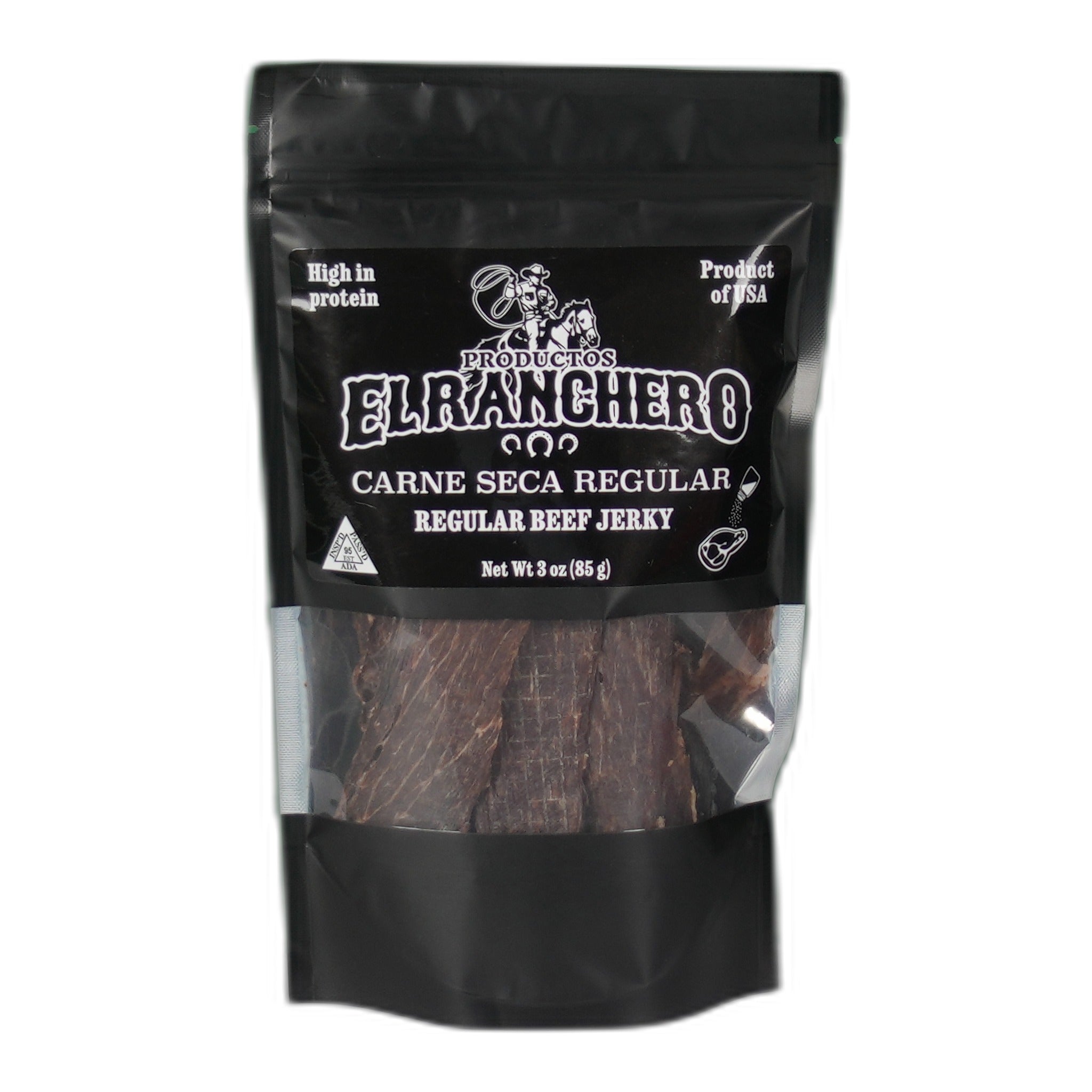 Package of El Ranchero Carne Seca Regular beef jerky, 3oz bag.