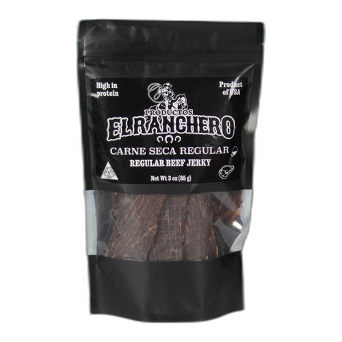 Package of El Ranchero Carne Seca Regular beef jerky, 3oz bag.