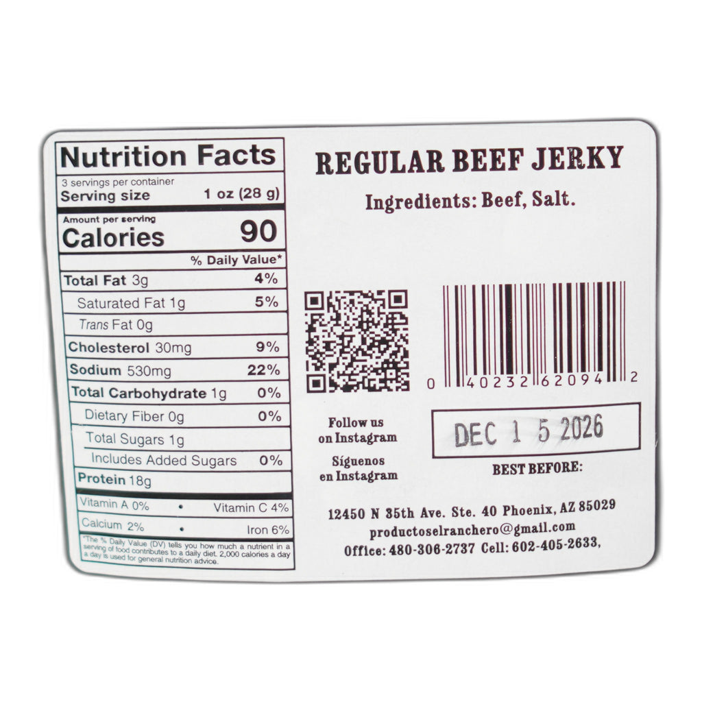 El Ranchero Carne Seca Regular nutrition facts label.