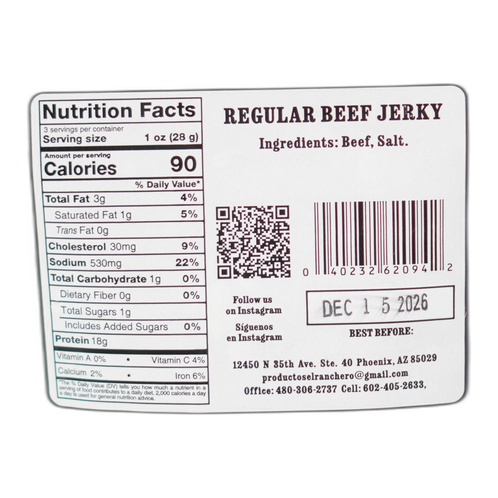 El Ranchero Carne Seca Regular nutrition facts label.