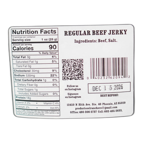 El Ranchero Carne Seca Regular nutrition facts label.