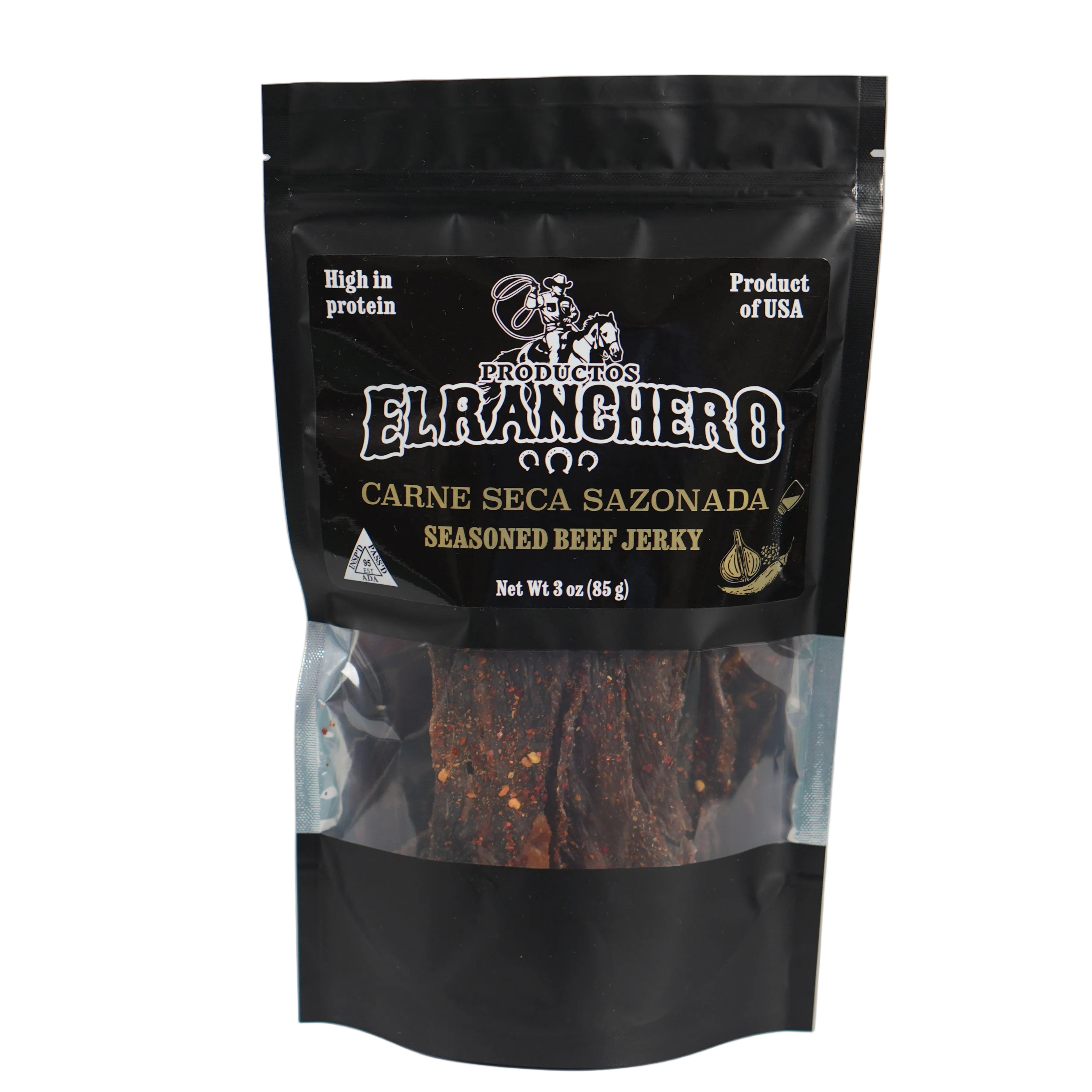 Package of El Ranchero Carne Seca Sazonada beef jerky, 3oz bag.