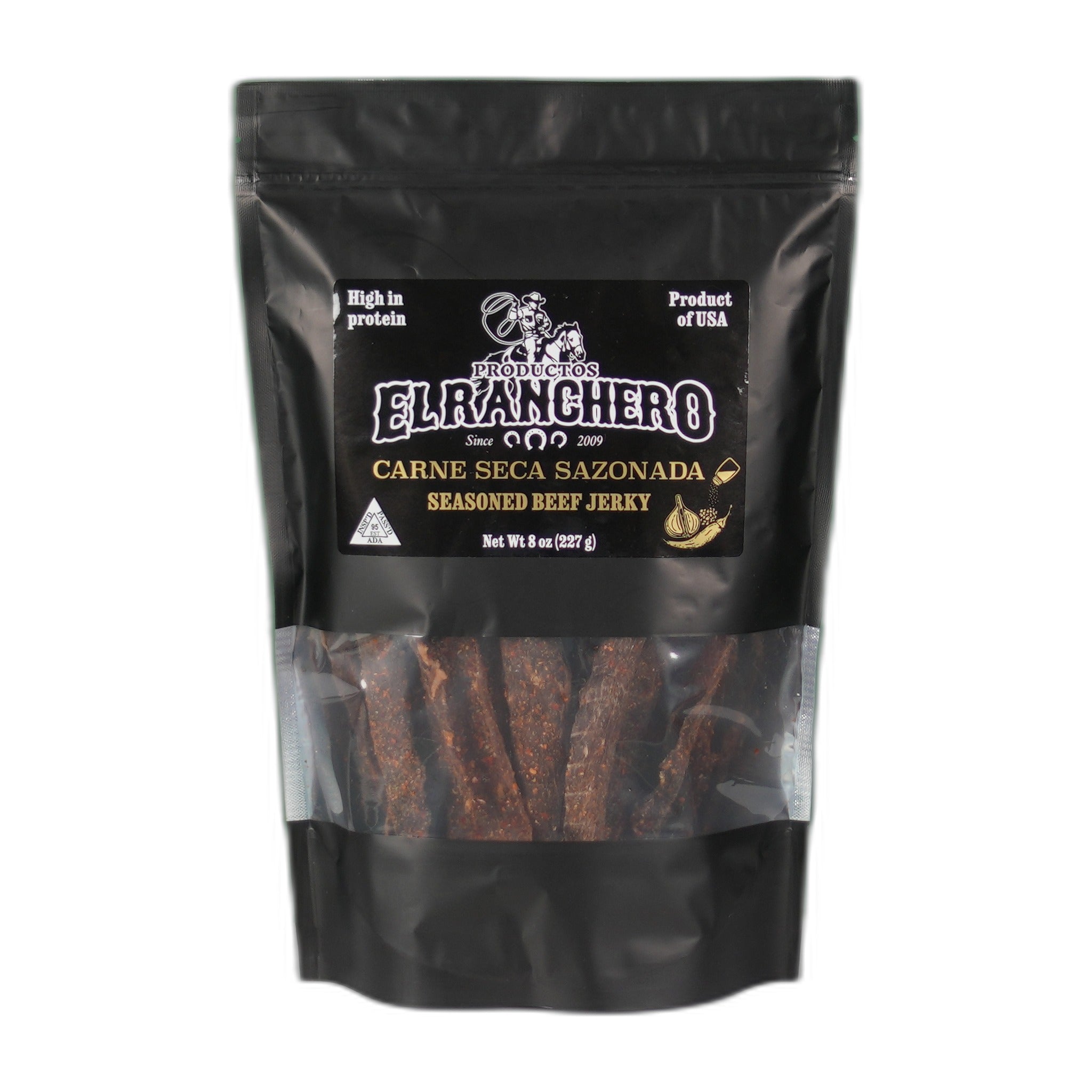 Package of El Ranchero Carne Seca Sazonada beef jerky, 8oz bag.