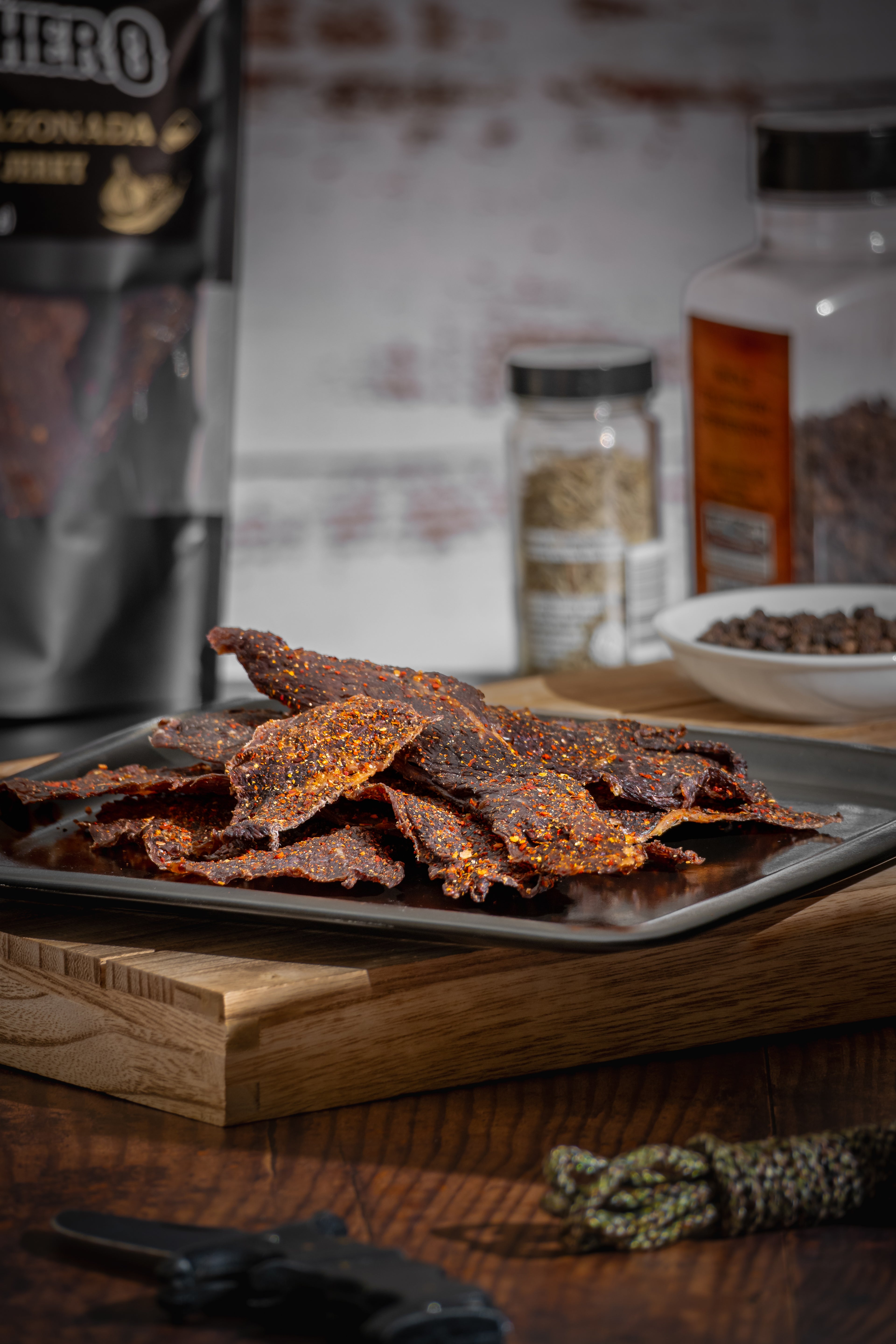 El Ranchero Carne Seca Sazonada beef jerky served on a plate.